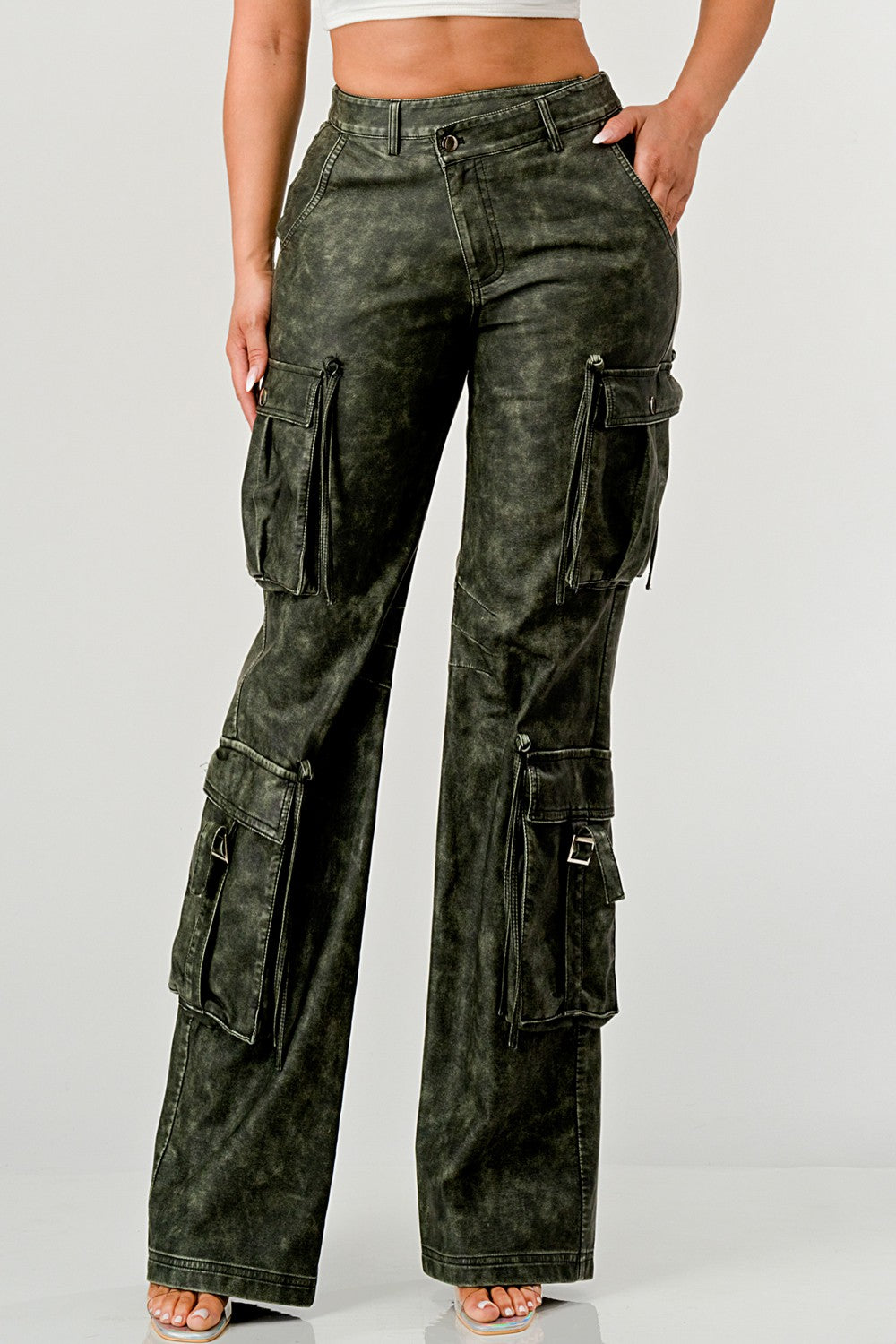 Olive Leather Big Cargo Pants