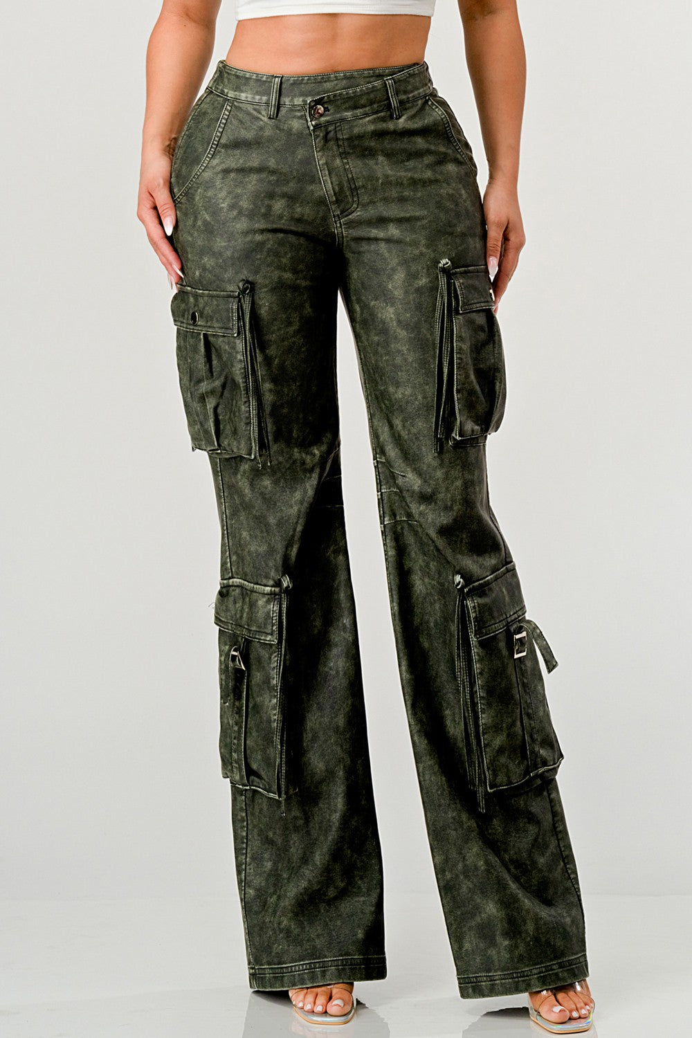 Olive Leather Big Cargo Pants