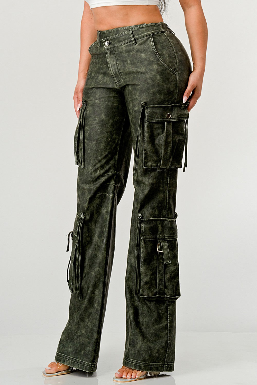 Olive Leather Big Cargo Pants